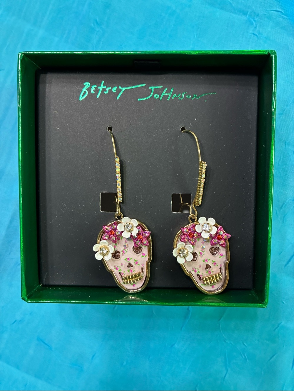 Betsey Johnson Pink Floral Skull Dangle Earrings with Gold Accents New in Box